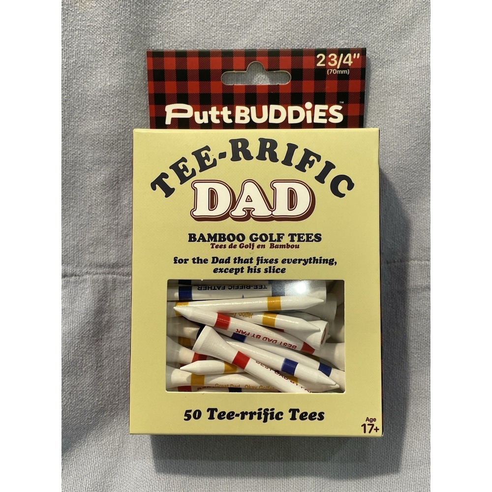 NEW Putt Buddies - Box 50 Tee-rrific Dad Bamboo Golf Tees - 3 Different Sayings